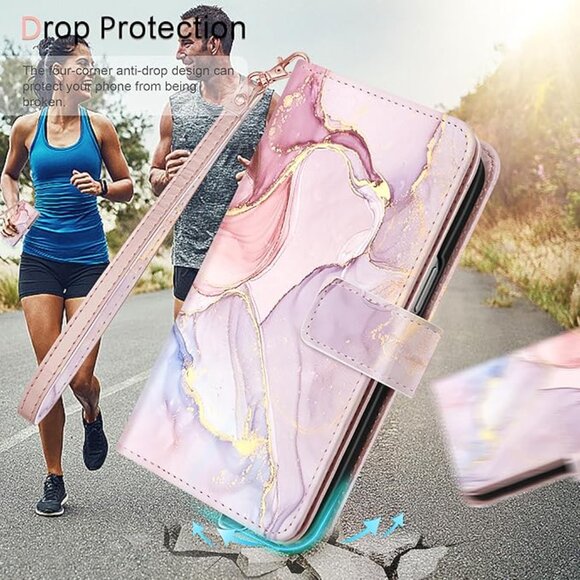 Iphone 15 I6 Pro Max Rose Gold Marble Wallet 9 Card Holder Kickstand Case - Picture 3 of 4